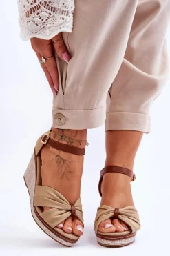 Outlet Boto Sandały Damskie Na Koturnie Beżowe Daphne