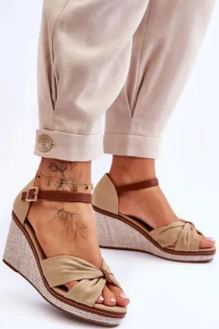 Outlet Boto Sandały Damskie Na Koturnie Beżowe Daphne