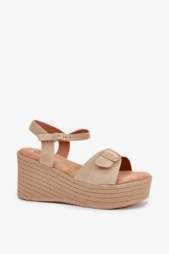 Damskie Boto Sandały Damskie Na Koturnie Z Klamrą Khaki Liniella