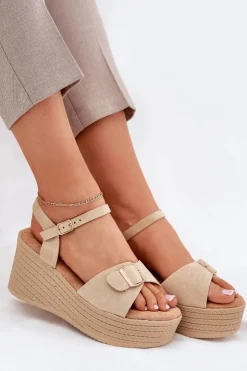 Damskie Boto Sandały Damskie Na Koturnie Z Klamrą Khaki Liniella