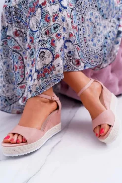 Damskie Boto Sandały Damskie Na Koturnie Platformie Zamszowe Różowe Delima