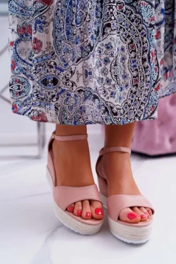 Damskie Boto Sandały Damskie Na Koturnie Platformie Zamszowe Różowe Delima