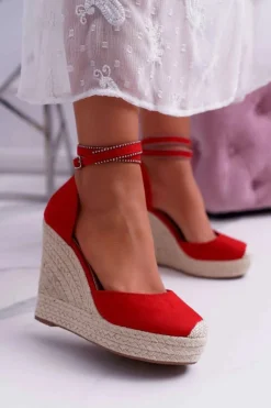 Damskie Boto Sandały Damskie Na Koturnie Lniane Czerwone Canterola