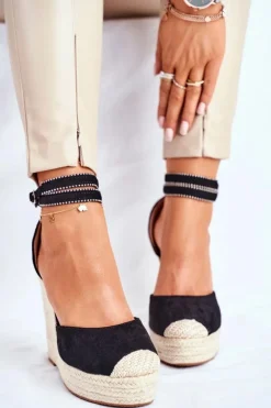 Damskie Boto Sandały Damskie Na Koturnie Lniane Czarne Canterola