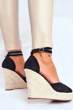 Damskie Boto Sandały Damskie Na Koturnie Lniane Czarne Canterola