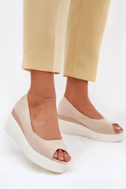 Discount Boto Sandały Damskie Na Koturnie Z Eko Zamszu Jasnobeżowe Velira Beżowy