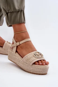 Damskie Boto Sandały Damskie Na Koturnie Z Plecionką Beżowe Esalena