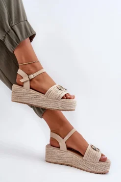 Damskie Boto Sandały Damskie Na Koturnie Z Plecionką Beżowe Esalena