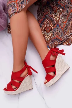 Damskie Boto Sandały Damskie Na Koturnie Czerwone Yenga