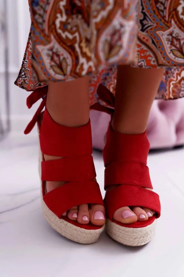 Damskie Boto Sandały Damskie Na Koturnie Czerwone Yenga