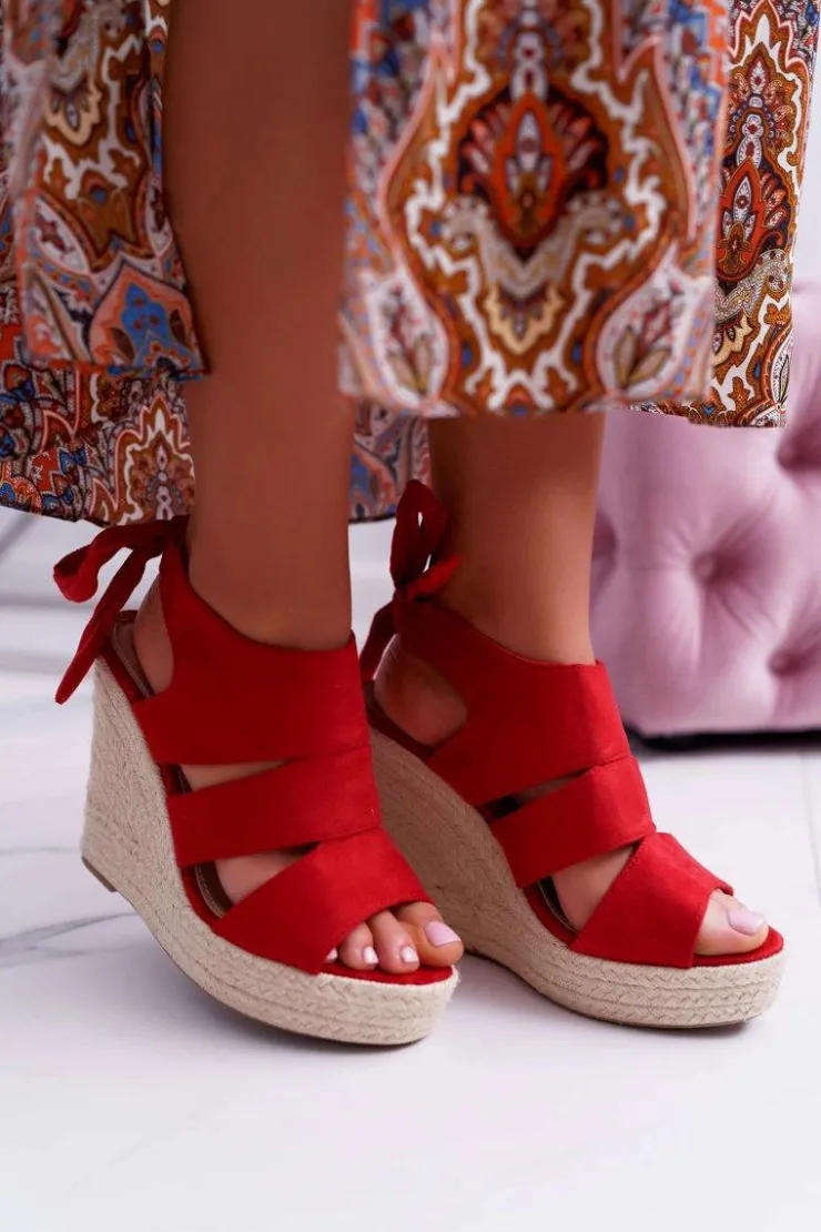 Damskie Boto Sandały Damskie Na Koturnie Czerwone Yenga
