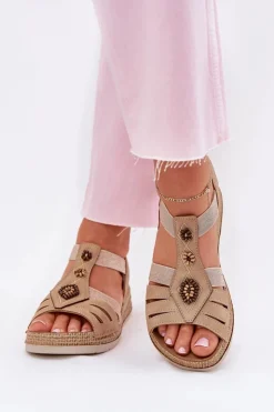 New INBLU Sandały Damskie Na Koturnie Z Ozdobami RV000015 Beżowe Beżowy