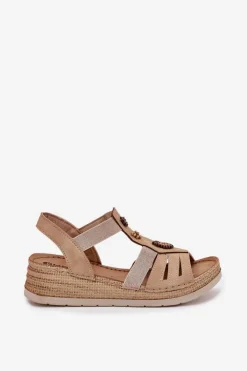 New INBLU Sandały Damskie Na Koturnie Z Ozdobami RV000015 Beżowe Beżowy