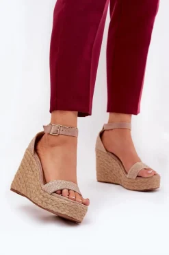 Boto Sandały Na Koturnie*Sandały Damskie Na Koturnie Z Plecionką Khaki Adelio Beżowy