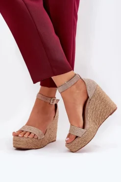 Boto Sandały Na Koturnie*Sandały Damskie Na Koturnie Z Plecionką Khaki Adelio Beżowy