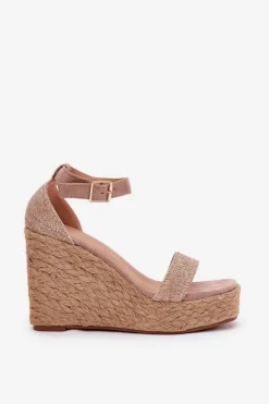 Boto Sandały Na Koturnie*Sandały Damskie Na Koturnie Z Plecionką Khaki Adelio Beżowy