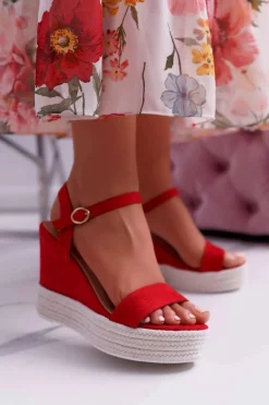 Clearance Boto Sandały Damskie Na Koturnie Lniane Czerwone Liviana