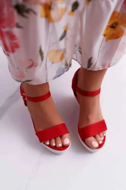 Clearance Boto Sandały Damskie Na Koturnie Lniane Czerwone Liviana