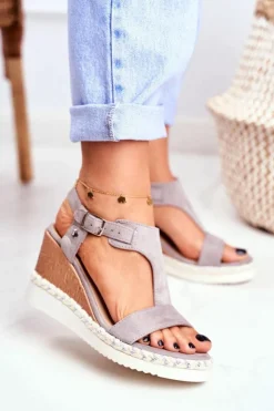 Damskie Boto Sandały Damskie Na Koturnie Szare Rosa