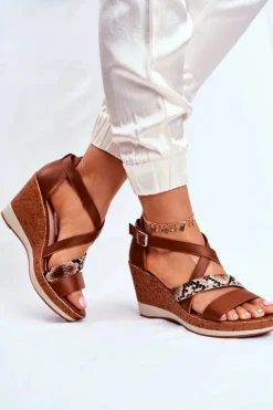 Outlet Buty Sergio Leone Sandały Damskie Na Koturnie Sergio Leone Brązowe SK309