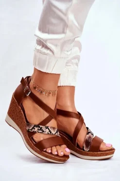 Outlet Buty Sergio Leone Sandały Damskie Na Koturnie Sergio Leone Brązowe SK309