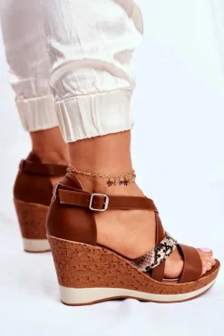 Outlet Buty Sergio Leone Sandały Damskie Na Koturnie Sergio Leone Brązowe SK309