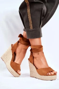 Damskie Boto Sandały Damskie Na Koturnie Wiązane Camel Belleza