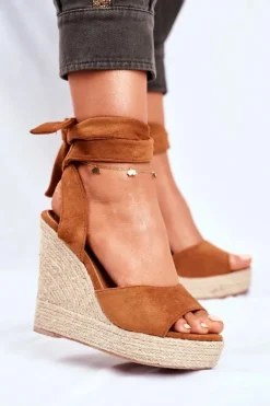 Damskie Boto Sandały Damskie Na Koturnie Wiązane Camel Belleza