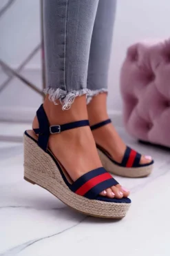 Clearance Boto Sandały Damskie Na Koturnie Lniane Granatowe Renew