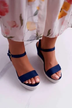 Clearance Boto Sandały Damskie Na Koturnie Lniane Granatowe Liviana