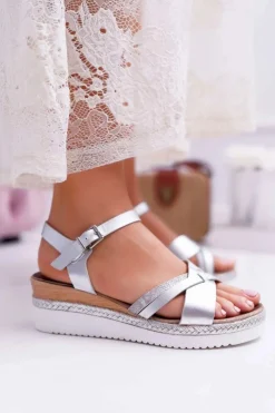 New Boto Sandały Damskie Na Koturnie Eleganckie Srebrne Meryl