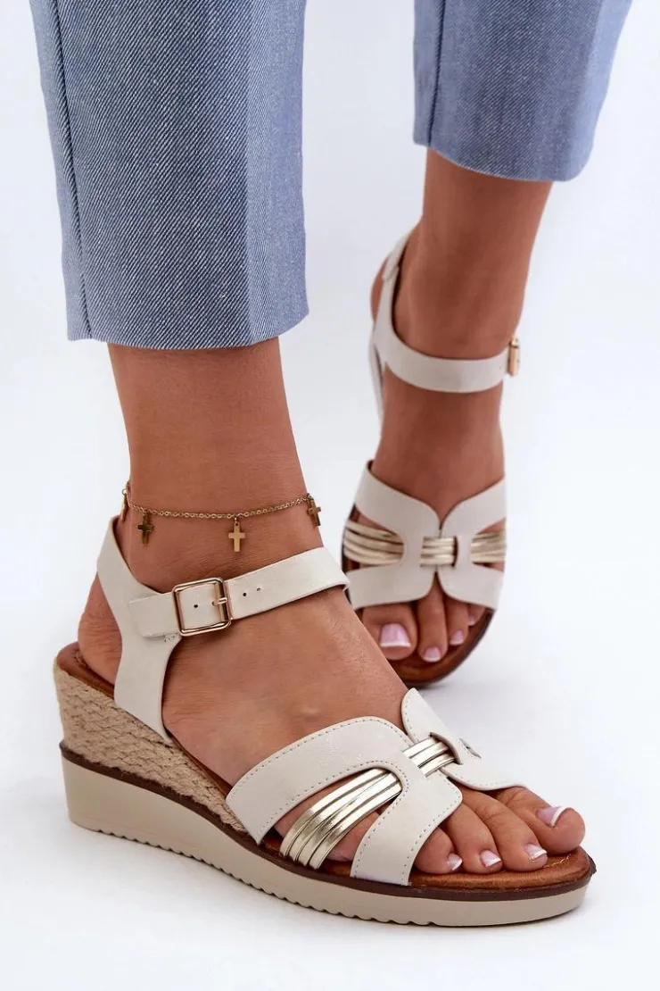 Clearance Evento Sandały Damskie Na Koturnie Z Plecionką Złote Starlenna