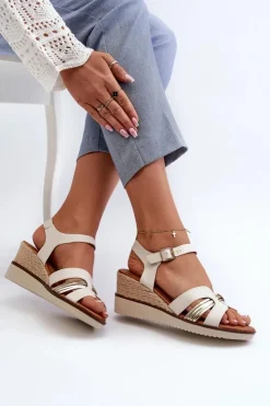 Clearance Evento Sandały Damskie Na Koturnie Z Plecionką Złote Starlenna