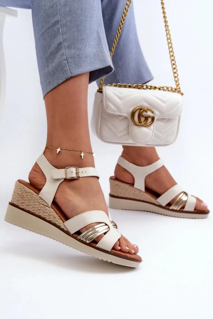 Clearance Evento Sandały Damskie Na Koturnie Z Plecionką Złote Starlenna