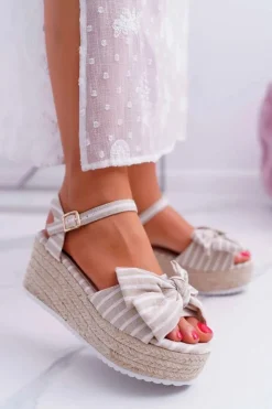 Boto Sandały Na Koturnie*Sandały Damskie Na Koturnie Platformie Z Kokardą Beżowe Bounce