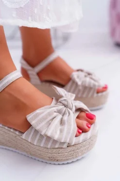 Boto Sandały Na Koturnie*Sandały Damskie Na Koturnie Platformie Z Kokardą Beżowe Bounce