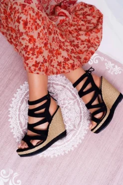 Hot Boto Sandały Damskie Na Koturnie Sznurek Czarne Liluena