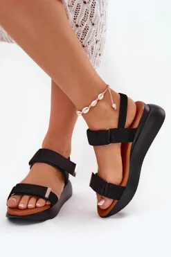 Damskie Boto Sandały Damskie Na Koturnie Czarne Monera