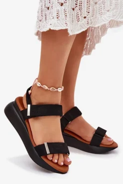 Damskie Boto Sandały Damskie Na Koturnie Czarne Monera