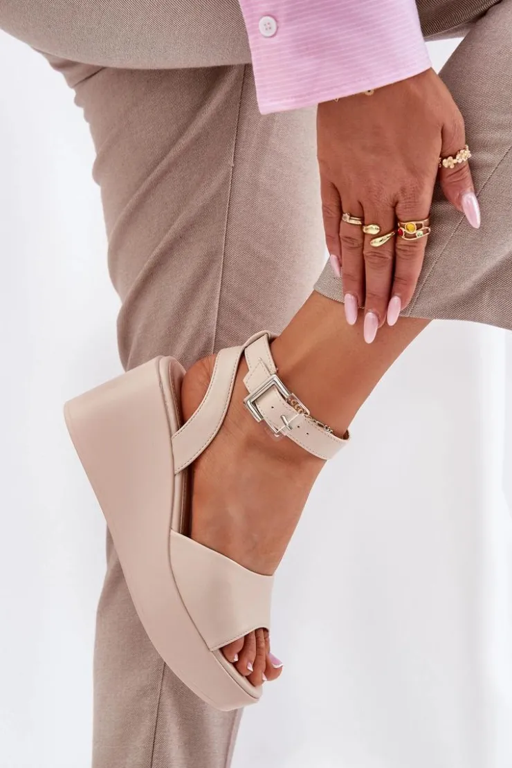 Hot Boto Sandały Damskie Na Koturnie Beżowe Efrina