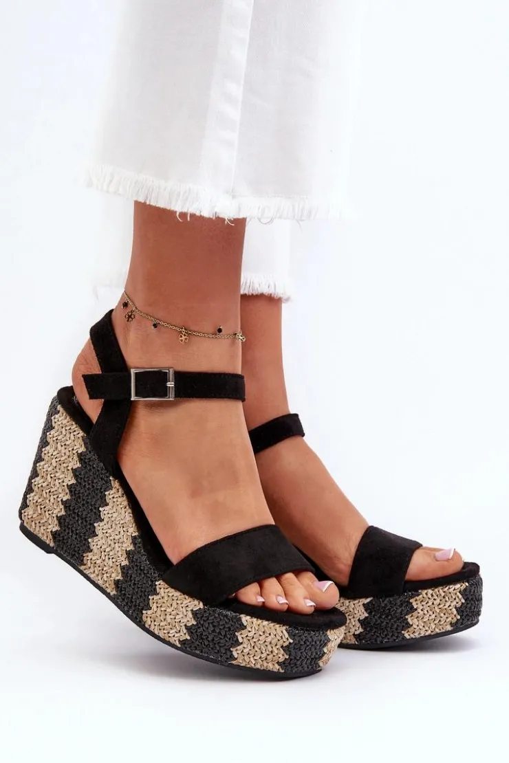 Damskie Boto Sandały Damskie Na Koturnie Z Plecionką Czarne Reviala