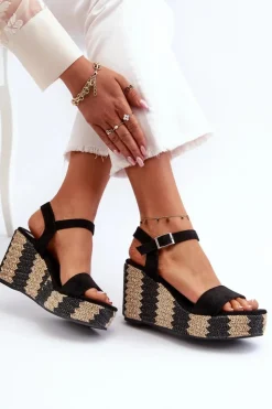 Damskie Boto Sandały Damskie Na Koturnie Z Plecionką Czarne Reviala