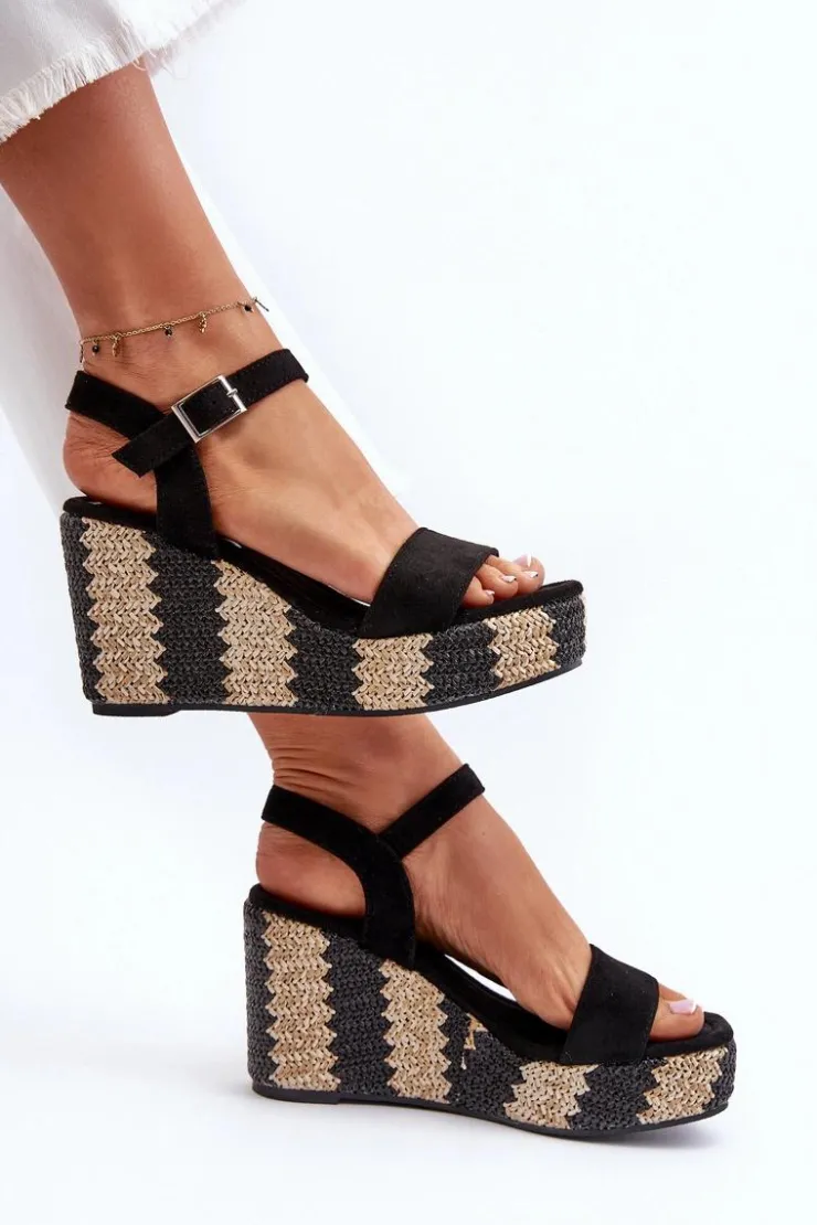 Damskie Boto Sandały Damskie Na Koturnie Z Plecionką Czarne Reviala