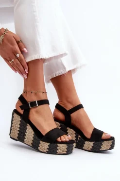 Damskie Boto Sandały Damskie Na Koturnie Z Plecionką Czarne Reviala