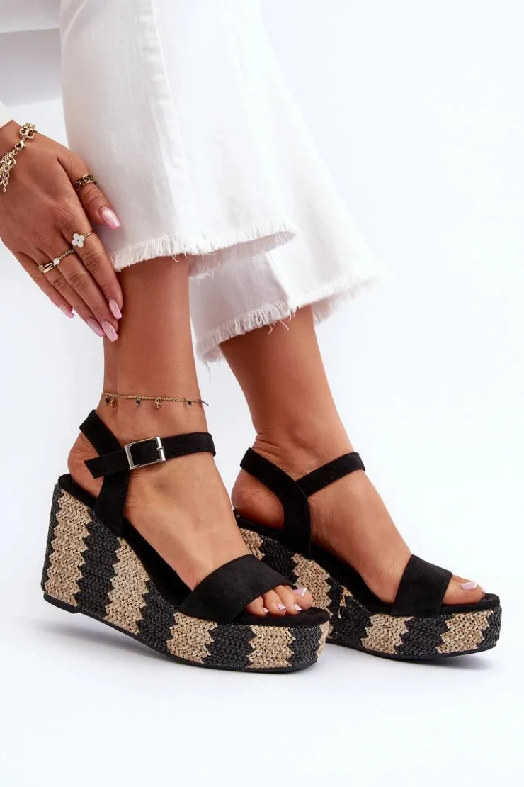 Damskie Boto Sandały Damskie Na Koturnie Z Plecionką Czarne Reviala