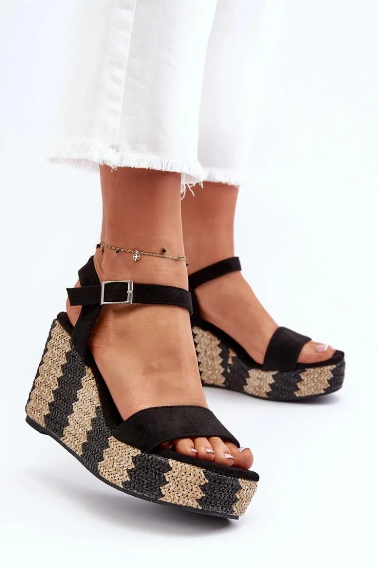 Damskie Boto Sandały Damskie Na Koturnie Z Plecionką Czarne Reviala