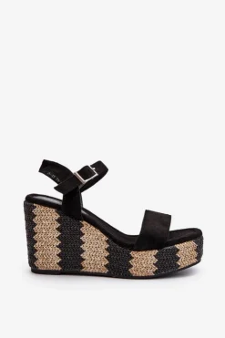 Damskie Boto Sandały Damskie Na Koturnie Z Plecionką Czarne Reviala