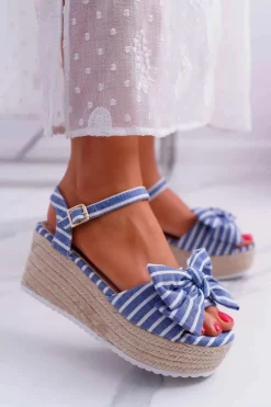 Boto Sandały Na Koturnie*Sandały Damskie Na Koturnie Platformie Z Kokardą Niebieskie Bounce