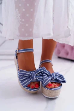 Boto Sandały Na Koturnie*Sandały Damskie Na Koturnie Platformie Z Kokardą Niebieskie Bounce