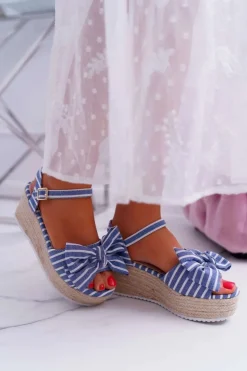 Boto Sandały Na Koturnie*Sandały Damskie Na Koturnie Platformie Z Kokardą Niebieskie Bounce